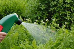 Rociar un agente natural de control de plagas en plantas que mantienen principios ecológicos del jardín. (En palabras sencillas para un niño de cinco años: Una persona rociando flores y plantas con hierba natural para mantenerlos a salvo de insectos.)