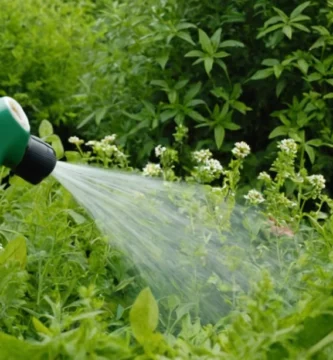 Rociar un agente natural de control de plagas en plantas que mantienen principios ecológicos del jardín. (En palabras sencillas para un niño de cinco años: Una persona rociando flores y plantas con hierba natural para mantenerlos a salvo de insectos.)