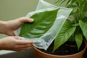 Limpiar una hoja inmaculada en una planta a mano utilizando agua para quitar el polvo y los escombros de su superficie