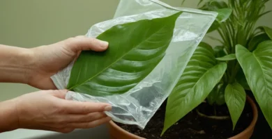 Limpiar una hoja inmaculada en una planta a mano utilizando agua para quitar el polvo y los escombros de su superficie