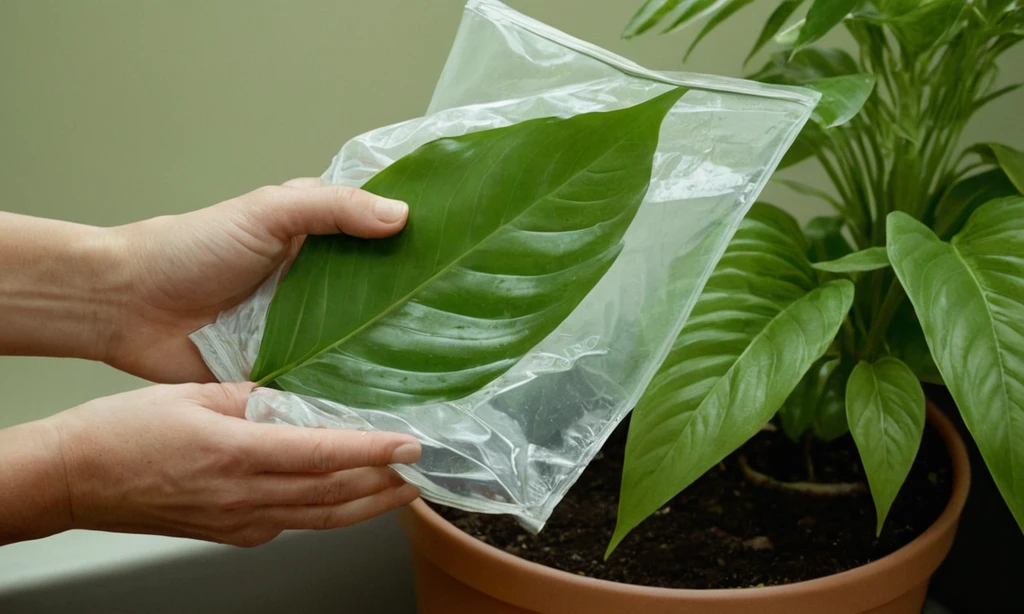 Limpiar una hoja inmaculada en una planta a mano utilizando agua para quitar el polvo y los escombros de su superficie