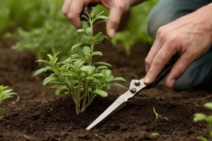 Gardener encogiendo una pequeña planta desde debajo del suelo usando las cuchillas de poda.