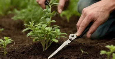 Gardener encogiendo una pequeña planta desde debajo del suelo usando las cuchillas de poda.