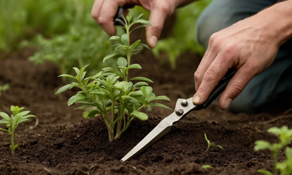 Gardener encogiendo una pequeña planta desde debajo del suelo usando las cuchillas de poda.
