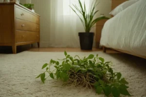 Plantas espíritas con raíces creciendo a través del suelo de un dormitorio