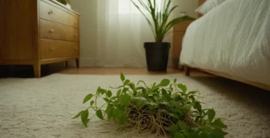 Plantas espíritas con raíces creciendo a través del suelo de un dormitorio