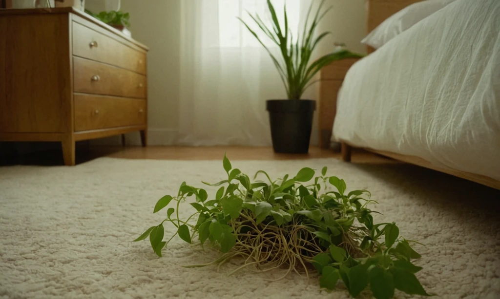 Plantas espíritas con raíces creciendo a través del suelo de un dormitorio