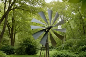 Swept away windmill swords spinning in a smooth breeze as foliage falls around it