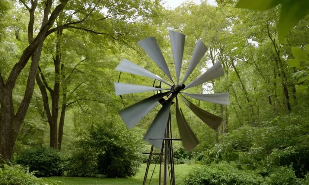 Swept away windmill swords spinning in a smooth breeze as foliage falls around it