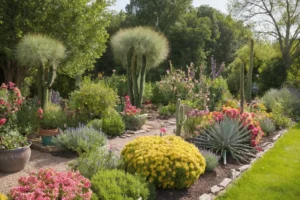 Persona regar plantas en macetas fuera de su casa con la intención de atraer riqueza y prosperidad. 1a imagen presenta hierbas con flores como lavanda agregando encanto de color y energía