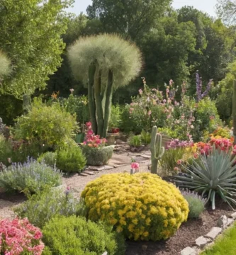 Persona regar plantas en macetas fuera de su casa con la intención de atraer riqueza y prosperidad. 1a imagen presenta hierbas con flores como lavanda agregando encanto de color y energía