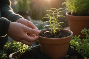 Persona sosteniendo una mano con plantas afeitadas por el sol en primer plano
