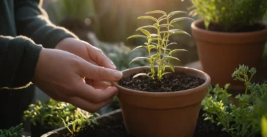 Persona sosteniendo una mano con plantas afeitadas por el sol en primer plano
