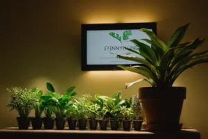 Florero lleno de plantas iluminadas bajo luz artificial con una vista de cierre de cada pétalo. Las palabras Iluminación de plantas interiores: todo lo que necesitas saber está escrito en la pantalla en el fondo