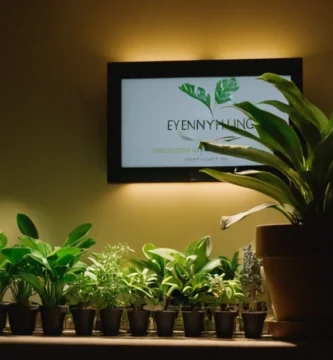 Florero lleno de plantas iluminadas bajo luz artificial con una vista de cierre de cada pétalo. Las palabras Iluminación de plantas interiores: todo lo que necesitas saber está escrito en la pantalla en el fondo