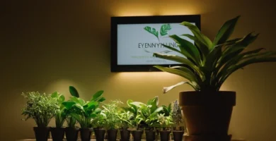 Florero lleno de plantas iluminadas bajo luz artificial con una vista de cierre de cada pétalo. Las palabras Iluminación de plantas interiores: todo lo que necesitas saber está escrito en la pantalla en el fondo