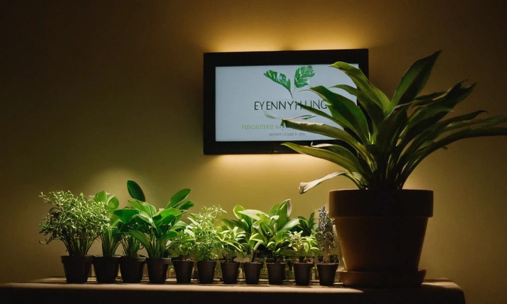Florero lleno de plantas iluminadas bajo luz artificial con una vista de cierre de cada pétalo. Las palabras Iluminación de plantas interiores: todo lo que necesitas saber está escrito en la pantalla en el fondo