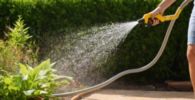 Plantas de riego con manguera y espolvor durante el calor del verano