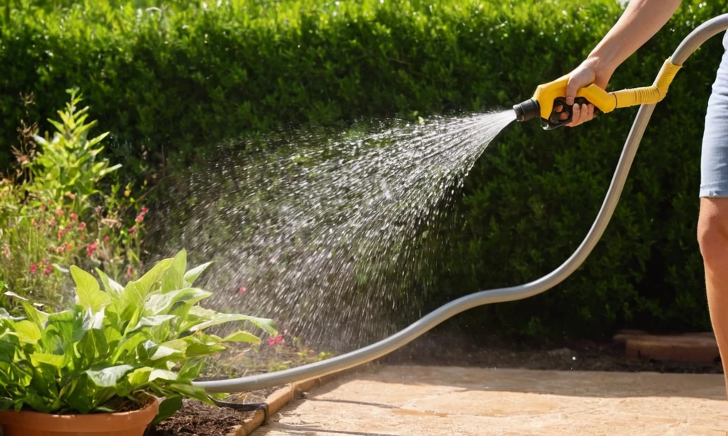 Plantas de riego con manguera y espolvor durante el calor del verano