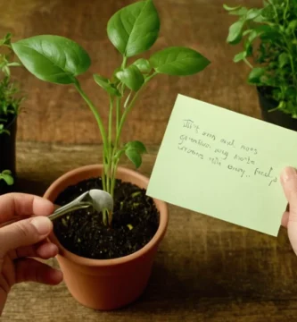 Persona riego de plántulas con una herramienta de jardinería mientras sostiene una nota manuscrita con consejos clave para la nutrición adecuada de plantas. Las plantas están creciendo en vegetación en un fondo de madera.