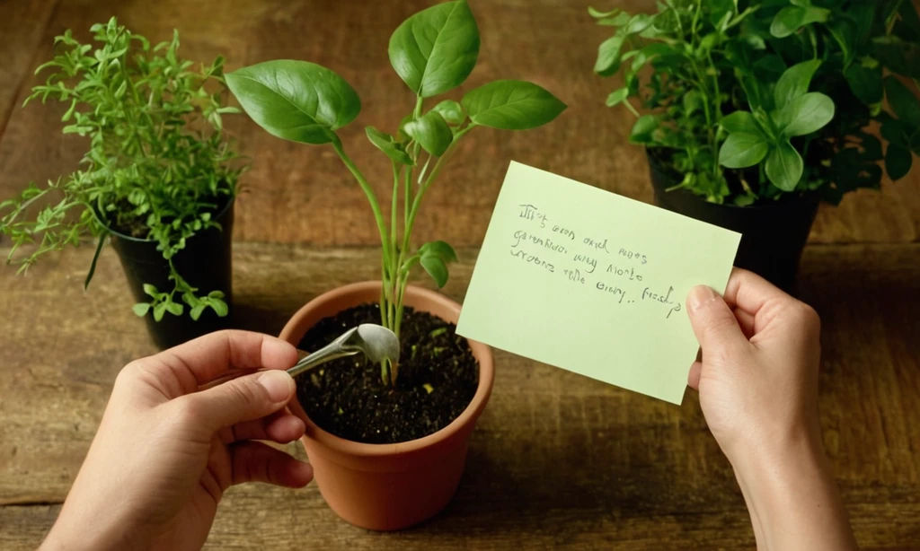 Persona riego de plántulas con una herramienta de jardinería mientras sostiene una nota manuscrita con consejos clave para la nutrición adecuada de plantas. Las plantas están creciendo en vegetación en un fondo de madera.