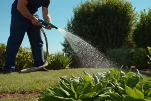 Plantas de riego de hombre con una manguera puesta contra un cielo azul claro.