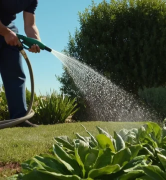 Plantas de riego de hombre con una manguera puesta contra un cielo azul claro.