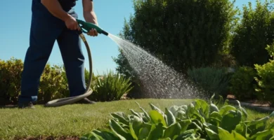 Plantas de riego de hombre con una manguera puesta contra un cielo azul claro.