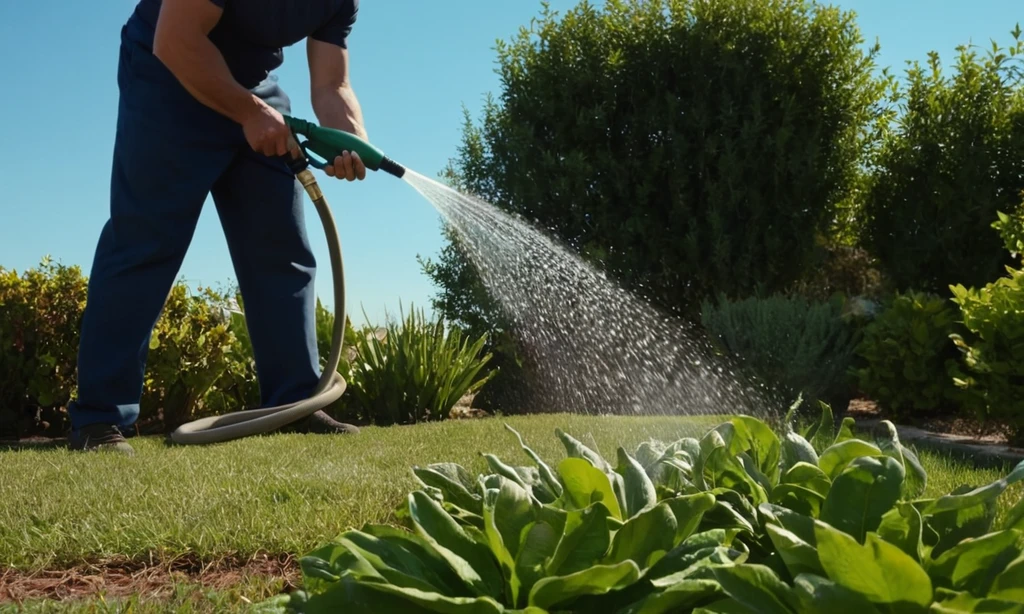 Plantas de riego de hombre con una manguera puesta contra un cielo azul claro.