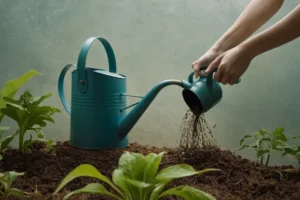 Mujer regar las raíces de las plantas marchitas con agua de un riego puede considerar las consecuencias. El concepto podría ser estilizado usando formas y líneas simples para enfatizar la lucha contra la naturaleza. Por ejemplo: Sacando la vida