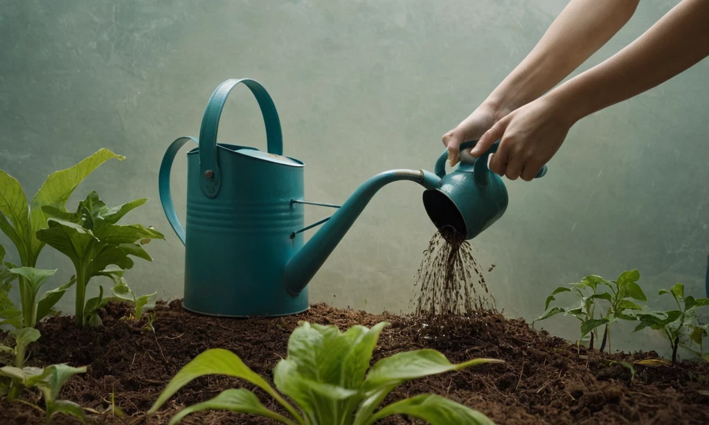 Mujer regar las raíces de las plantas marchitas con agua de un riego puede considerar las consecuencias. El concepto podría ser estilizado usando formas y líneas simples para enfatizar la lucha contra la naturaleza. Por ejemplo: Sacando la vida