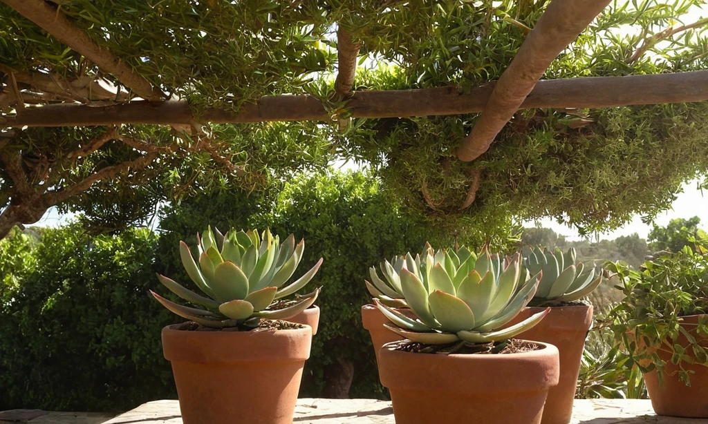 Una serie de plantas suculentas que florecen y prosperan bajo la luz solar directa en un ambiente verde abierto con ramas de árboles o techo. Las palabras sorprendentes implican resultados sorprendentes o inesperados