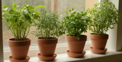Regadera individual en macetas de planta interior en ventanas de madera con plantas para la decoración casera ecológica. Frases de español.