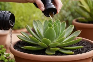 Planta suculenta con chorro de agua en primer plano