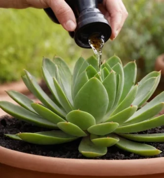 Planta suculenta con chorro de agua en primer plano