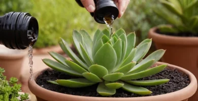 Planta suculenta con chorro de agua en primer plano