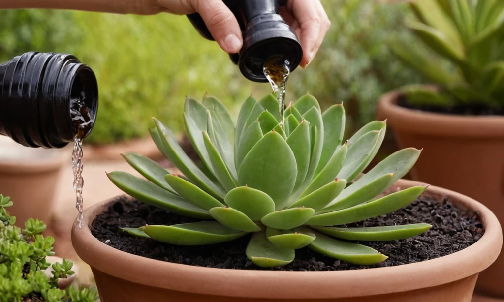 Planta suculenta con chorro de agua en primer plano