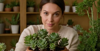 Mujer que sostiene una planta suculenta maciza después de explicar sus beneficios durante el proceso de poda para el crecimiento. El texto en letras más pequeñas debajo de ella dice que las prácticas culturales afectan la salud vegetal.