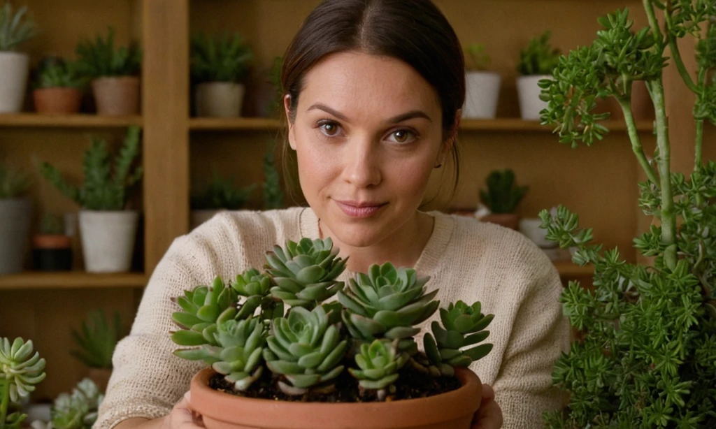 Mujer que sostiene una planta suculenta maciza después de explicar sus beneficios durante el proceso de poda para el crecimiento. El texto en letras más pequeñas debajo de ella dice que las prácticas culturales afectan la salud vegetal.