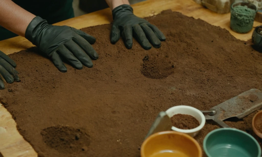 Una persona que llevaba guantes mientras creaba pequeñas huellas para ejemplificar el efecto drenante en su tierra terraforme en forma de dedos. Esta imagen se toma desde diferentes ángulos y se coloca alrededor de una tabla donde se colocan varias herramientas para el trabajo futuro