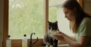 Mujer cuidadosamente eliminando una solución casera