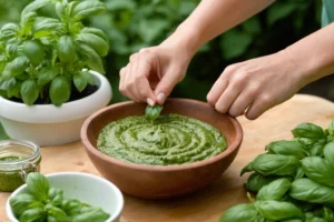Mujer amante de la naturaleza preparando salsa de pesto casera con albahaca de su propio jardín para prevenir plagas infestación. 10 remedios naturales y deliciosos para repelente de ratas en hogares pequeños y ecológicos.