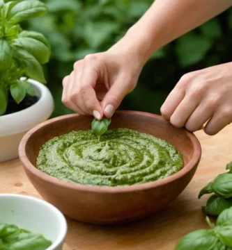 Mujer amante de la naturaleza preparando salsa de pesto casera con albahaca de su propio jardín para prevenir plagas infestación. 10 remedios naturales y deliciosos para repelente de ratas en hogares pequeños y ecológicos.