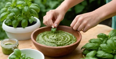 Mujer amante de la naturaleza preparando salsa de pesto casera con albahaca de su propio jardín para prevenir plagas infestación. 10 remedios naturales y deliciosos para repelente de ratas en hogares pequeños y ecológicos.
