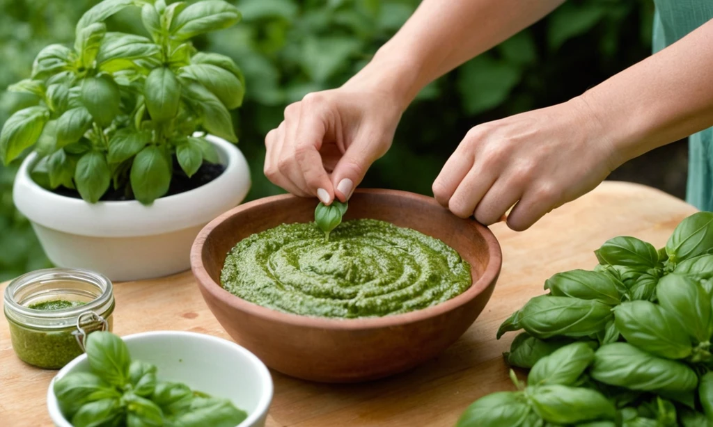 Mujer amante de la naturaleza preparando salsa de pesto casera con albahaca de su propio jardín para prevenir plagas infestación. 10 remedios naturales y deliciosos para repelente de ratas en hogares pequeños y ecológicos.