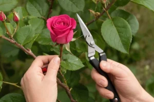 Floral experto eliminando un rosebud desequilibrado con esquiladoras y proporcionando consejos útiles en una guía española detallada. (Traducción: Cómo podar rosas: guía práctica y consejos útiles)
