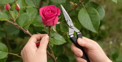 Floral experto eliminando un rosebud desequilibrado con esquiladoras y proporcionando consejos útiles en una guía española detallada. (Traducción: Cómo podar rosas: guía práctica y consejos útiles)
