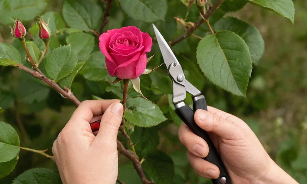 Floral experto eliminando un rosebud desequilibrado con esquiladoras y proporcionando consejos útiles en una guía española detallada. (Traducción: Cómo podar rosas: guía práctica y consejos útiles)