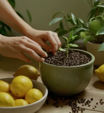 Persona que tiende a una pequeña olla llena de semillas de cítricos
