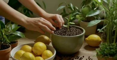Persona que tiende a una pequeña olla llena de semillas de cítricos
